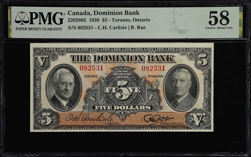 CANADA. Dominion Bank. 5 Dollars, 1938. CH# 220-28-02. PMG Choice About Uncircul...
