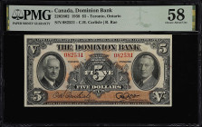 CANADA. Dominion Bank. 5 Dollars, 1938. CH# 220-28-02. PMG Choice About Uncirculated 58.
Toronto, Ontario. Carlisle - Rae. A touch of circulation to ...