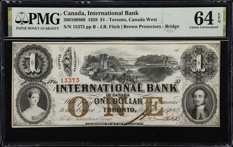 CANADA. International Bank of Canada. 1 Dollar, 1858. CH# 380-10-08-08. PMG Choi...