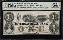 CANADA. International Bank of Canada. 1 Dollar, 1858. CH# 380-10-08-08. PMG Choice Uncirculated 64 EPQ.
Toronto, Canada West. Brown Protectors - Brid...
