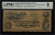 CANADA. Merchants Bank of Prince Edward Island. 1 Dollar, 1877. CH# 470-10-04-02. PMG Very Good 8.
A scarce note, with approximately only 4 known exa...