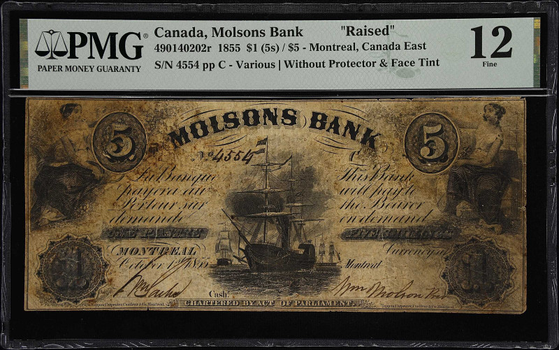 CANADA. Molsons Bank. 1 Dollar, 1855. CH# 490-14-02-02r. Raised. PMG Fine 12.
M...