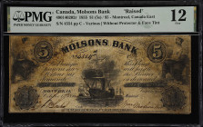 CANADA. Molsons Bank. 1 Dollar, 1855. CH# 490-14-02-02r. Raised. PMG Fine 12.
Montreal. A very difficult Molsons Bank note, and the only graded examp...
