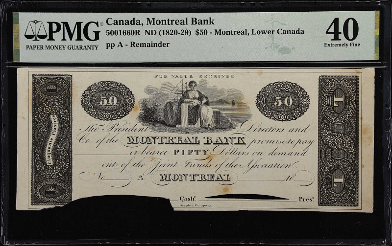CANADA. Montreal Bank. 50 Dollars, ND (1820-29). CH# 500-16-60R. Remainder. PMG ...