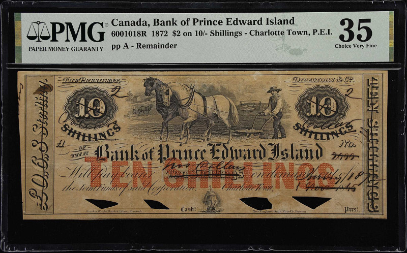 CANADA. Bank of Prince Edward Island. 2 Dollars on 10 Shillings, 1872. CH# 600-1...