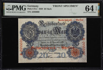 GERMANY. Reichsbanknote. 20 Mark, ND (1909). P-37s1. Specimen. PMG Choice Uncirculated 64 EPQ.
Excellent color and originality is noticed on this fro...