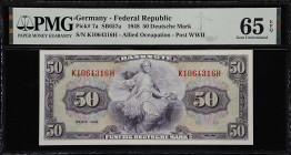 GERMANY, FEDERAL REPUBLIC. U.S. Army Command. 50 Deutsche Mark, 1948. P-7a. SB657a. PMG Gem Uncirculated 65 EPQ.
A pleasing note displaying great col...