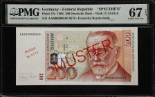 GERMANY, FEDERAL REPUBLIC. Deutsche Bundesbank. 200 Deutsche Mark, 1996. P-47s. Specimen. PMG Superb Gem Uncirculated 67 EPQ.
Famed Nobel Prize-winni...