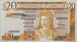GIBRALTAR. Government of Gibraltar. 20 Pounds, 1975. P-23a. Uncirculated.
Low serial number 55 is displayed by this colorful and original note bearin...