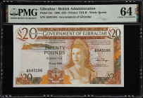 GIBRALTAR. Government of Gibraltar. 20 Pounds, 1986. P-23c. PMG Choice Uncirculated 64 EPQ.
This attractive and colorful note depicts the late Queen ...