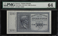 GREECE. Ionian Islands. 5000 Drachmai, ND (1941). P-M18a. PMG Choice Uncirculated 64.
A pleasing note bearing a bust of Caesar that is bright and wel...