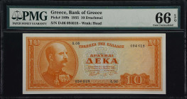 GREECE. Bank of Greece. 10 Drachmai, 1955. P-189b. PMG Gem Uncirculated 66 EPQ.
A nicely margined note that exhibits bright color and plenty of origi...