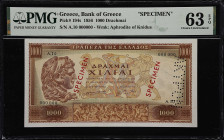 GREECE. Bank of Greece. 1000 Drachmai, 1956. P-194s. Specimen. PMG Choice Uncirculated 63 EPQ.
A most pleasing Specimen that is quite scarce featurin...