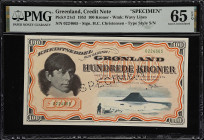 GREENLAND. Kongelige Gronlandske Handel. 100 Kroner, 1953. P-21s3. Specimen. PMG Gem Uncirculated 65 EPQ.
A popular design seen here in an excellent ...