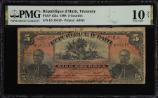 HAITI. Republique d'Haiti. 5 Gourdes, Loi du 14 Mai 1908. P-125a. PMG Very Good 10 Net.
Printed by ABNC. Portraits of Nord Alexis at left and right, ...