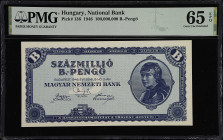 HUNGARY. Magyar Nemzeti Bank. 100,000,000 B.-Pengo, 1946. P-136. PMG Gem Uncirculated 65 EPQ.
A key note on this popular series. Deep blue inks, gem ...