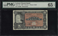 ICELAND. Islands Banki. 5 Krónur, 1920. P-15r. Remainder. PMG Gem Uncirculated 65 EPQ.
Printed by G&D. Remainder. Gem.

Estimate: $500.00- $700.00