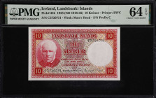ICELAND. Landsbanki Islands. 10 Kronur, 1928. P-33b. PMG Choice Uncirculated 64 EPQ.
Jon Sigurdsson depicted at left on this note was a 19th century ...