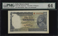 INDIA. Reserve Bank of India. 10 Rupees, ND (1943). P-19b. Jhun4.5.2. PMG Choice Uncirculated 64.
Free of circulation, limited by some minor handling...