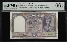 INDIA. Reserve Bank of India. 10 Rupees, ND (1943). P-24. PMG Gem Uncirculated 66 EPQ.
Nice margins, great color and decent eye appeal are mainstays ...