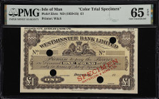 ISLE OF MAN. Westminster Bank Limited. 1 Pound, ND (1929-55). P-23cts. PMG Gem Uncirculated 65 EPQ. Color Trial Specimen.
A pleasing Waterlow & Sons ...
