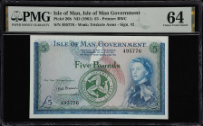 ISLE OF MAN. Isle of Man Government. 5 Pounds, ND (1961). P-26b. PMG Choice Uncirculated 64.
Popular highest denomination of this series with young Q...