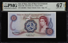 ISLE OF MAN. Isle of Man Government. 5 Pounds, ND (1972). P-30b. PMG Superb Gem Uncirculated 67 EPQ.
Signature 3. Printed by BWC. Wonderful color and...
