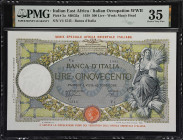 ITALIAN EAST AFRICA. Banca d'Italia. 500 Lire, 1938. P-3a. Italian Occupation WWII. PMG Choice Very Fine 35.
A very special medium format note from I...