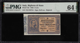 ITALY. Biglietto di Stato. 5 Lire, 1882. P-18c. PMG Choice Uncirculated 64 EPQ.
An early issue small size 1882 5 Lire in Choice Uncirculated conditio...