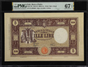 ITALY. Banca d'Italia. 1000 Lire, 1942-43. P-62. PMG Superb Gem Uncirculated 67 EPQ.
A highly sought after large format 1000 Lire. Tied with another ...