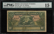 JAMAICA. Government of Jamaica. 10 Shillings, 1918. P-33a. PMG Choice Fine 15.
A lovely 1918 10 Shillings. 2 Serial Number variety. Minor ink mention...