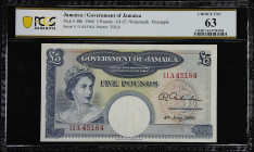 JAMAICA. Government of Jamaica. 5 Pounds, 1960. P-48b. PCGS Banknote Choice Uncirculated 63.
Printed by TDLR. One of the more popular Queen Elizabeth...