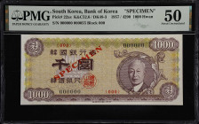 KOREA, SOUTH. Bank of Korea. 1000 Hwan, 1957. P-22as. K&C52.6/DK48-3. Specimen. PMG About Uncirculated 50.
A light fold likely accounts for the assig...
