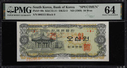 KOREA, SOUTH. Bank of Korea. 50 Won, ND (1969). P-40s. K&C53.11/DK52-3. Specimen. PMG Choice Uncirculated 64.
A lovely Specimen note that carries no ...