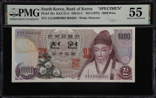 KOREA, SOUTH. Bank of Korea. 1000 Won, ND (1975). P-44s. K&C53.3/DK54-3. Specimen. PMG About Uncirculated 55.
A better Specimen note that is not list...