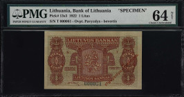 LITHUANIA. Lietuvos Bankas. 1 Litas, 1922. P-13s3. Specimen. PMG Choice Uncirculated 64 Net. Previously Mounted, Small Tear.
Specimen with serial num...