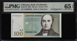 LITHUANIA. Bank of Lithuania. 100 Litu, 2000. P-62. Serial Number 2. PMG Gem Uncirculated 65 EPQ.
Serial number 2 adds to the desirability of this ni...