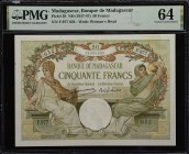 MADAGASCAR. Banque de Madagascar. 50 Francs, ND (1937-47). P-38. PMG Choice Uncirculated 64.
A well margined and ornately designed note awaits one lu...