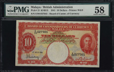 MALAYA. Board of Commissioners of Currency. 10 Dollars, 1941. P-13. KNB13. PMG Choice About Uncirculated 58.
Just a touch of circulation on this popu...