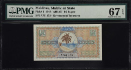 MALDIVES. Maldivian State. 1/2 Rupee, 1947. P-1. PMG Superb Gem Uncirculated 67 EPQ.
Despite being the smallest denomination issued for this island n...