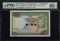 MALI. Banque de la Republique du Mali. 500 Francs, 1960 (ND 1967). P-8s. Specimen. PMG Gem Uncirculated 65 EPQ.
A well margined and pleasing example ...