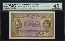 MALTA. Government of Malta. 1 Pound, ND (1940). P-20c. PMG Choice Extremely Fine 45.
Printed by BWC. Without imprint. Cushieri signature. Uniface wit...