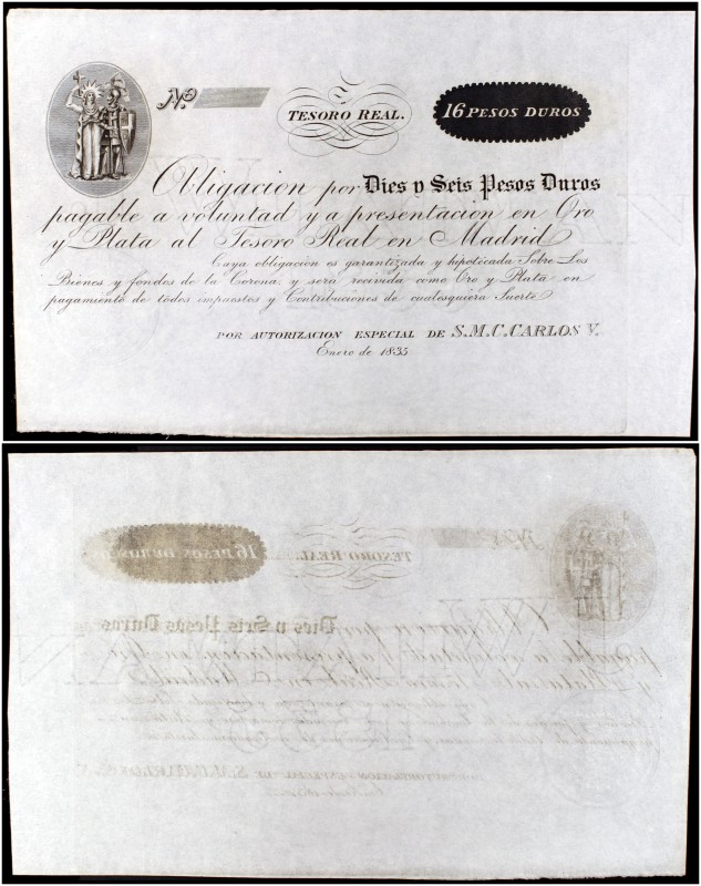 1835. Carlos V, Pretendiente. Tesoro Real. 16 pesos duros. (Ed. A19) (Ed. 19) (F...