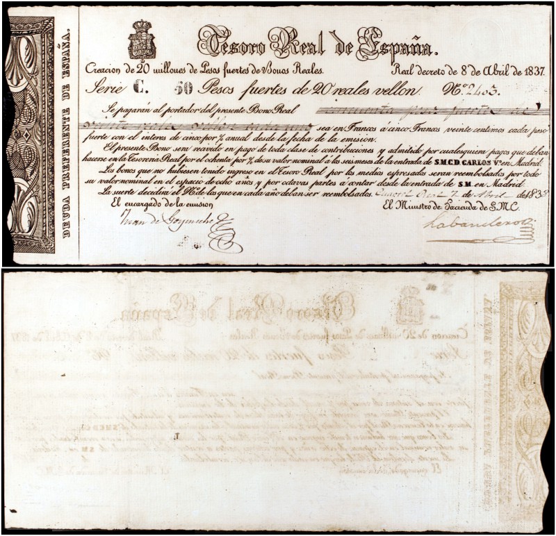 1837. Carlos V, Pretendiente. Tesoro Real de España. 50 pesos fuertes. (Ed. A21,...