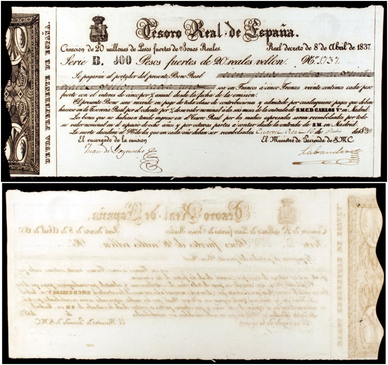 1837. Carlos V, Pretendiente. Tesoro Real de España. 100 pesos fuertes. (Ed. A22...