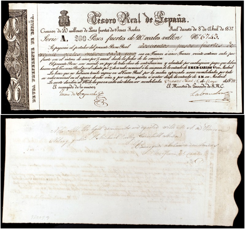 1837. Carlos V, Pretendiente. Tesoro Real de España. 200 pesos fuertes. (Ed. A23...