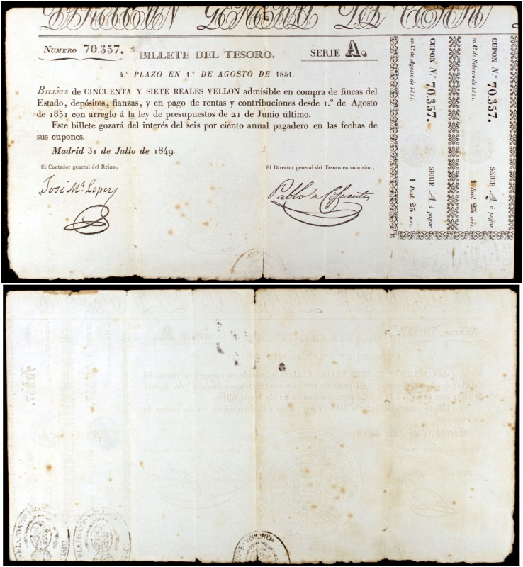 1849. Billete del Tesoro. 57 reales de vellón. (Falta en los dos catálogos Edifi...