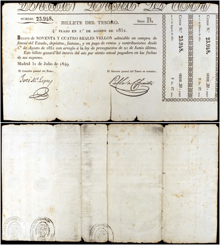 1849. Billete del Tesoro. 94 reales de vellón. (Ed. falta) (Ed. 50, ejemplar cor...