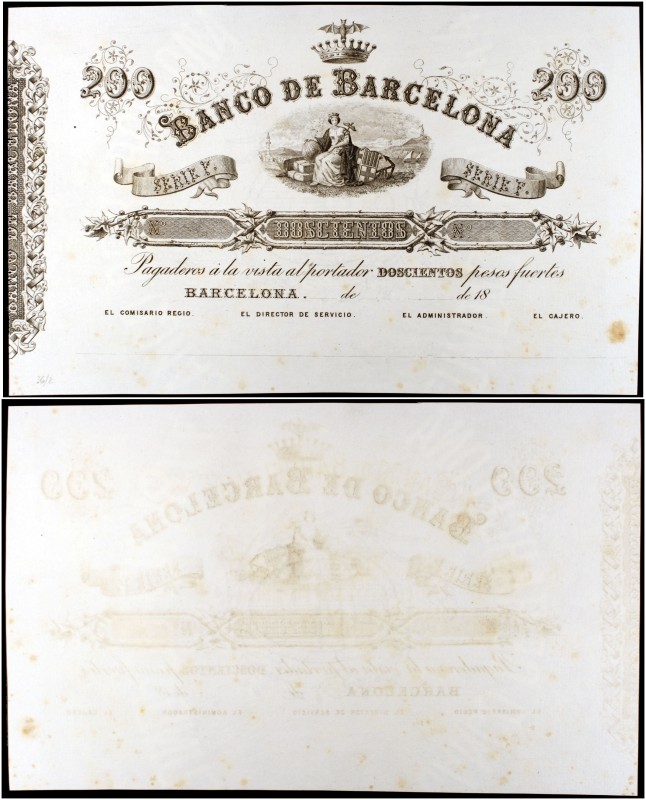 18... (1859). Banco de Barcelona. 200 pesos fuertes. (Ed. A56 sim) (Ed. 60 sim) ...