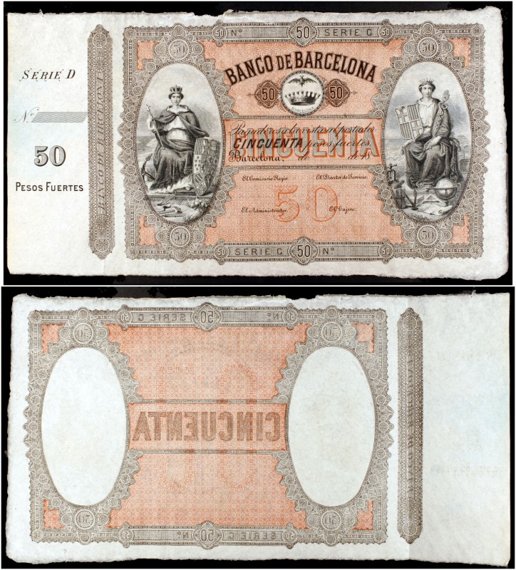 18...(1868). Banco de Barcelona. 50 pesos fuertes. (Ed. A60) (Ed. 64) (Filabo 17...